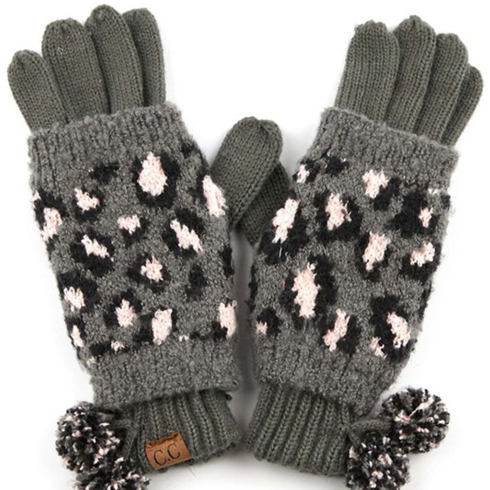 🚨 1 LEFT! C.C Leopard Knit Touch Pom Poms Glove Set - Picture 8 of 11